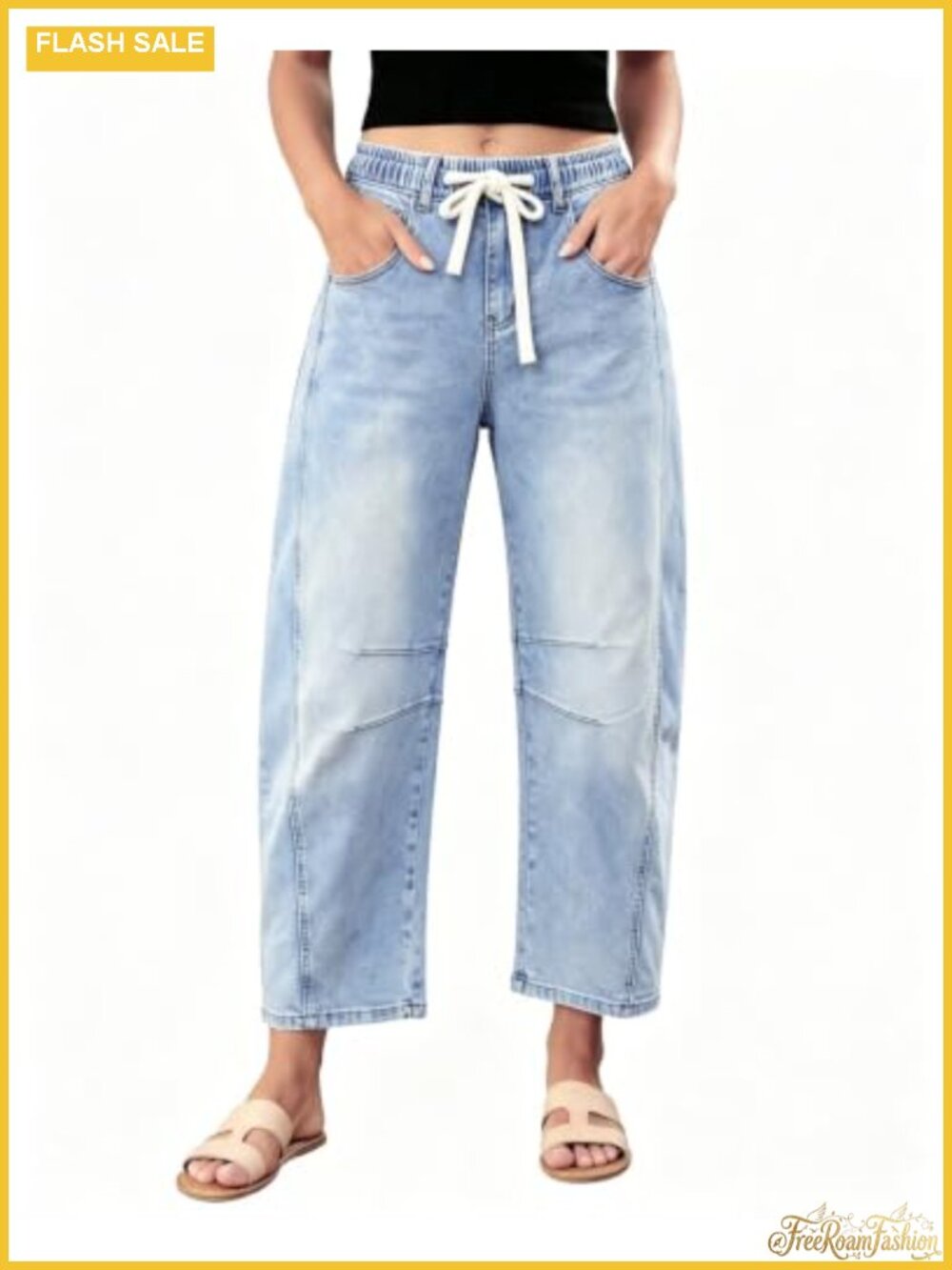 High Waisted Barrel Leg Stretch Denim Jeans Women Pull-On Casual